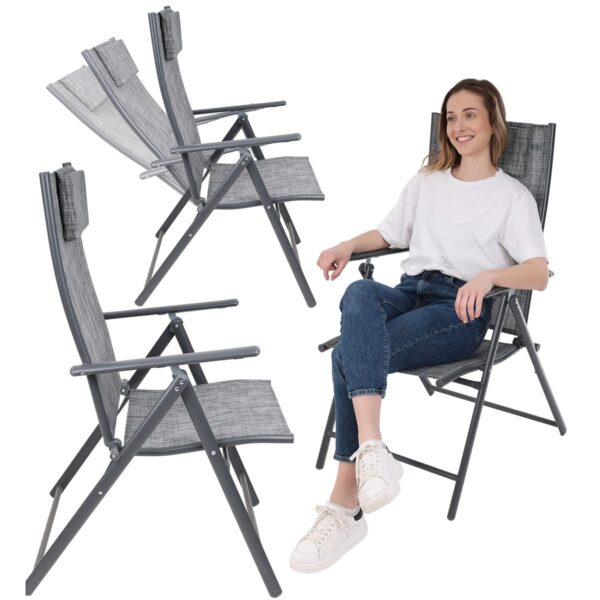 Set 2 scaune reglabile de gradina cu tetiera, textilene si cadru metalic, 57x68x106 cm, gri - imagine 13