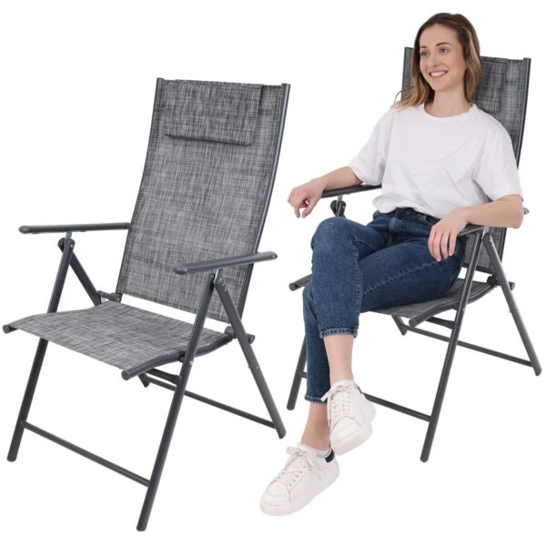 Set 2 scaune reglabile de gradina cu tetiera, textilene si cadru metalic, 57x68x106 cm, gri - imagine 5