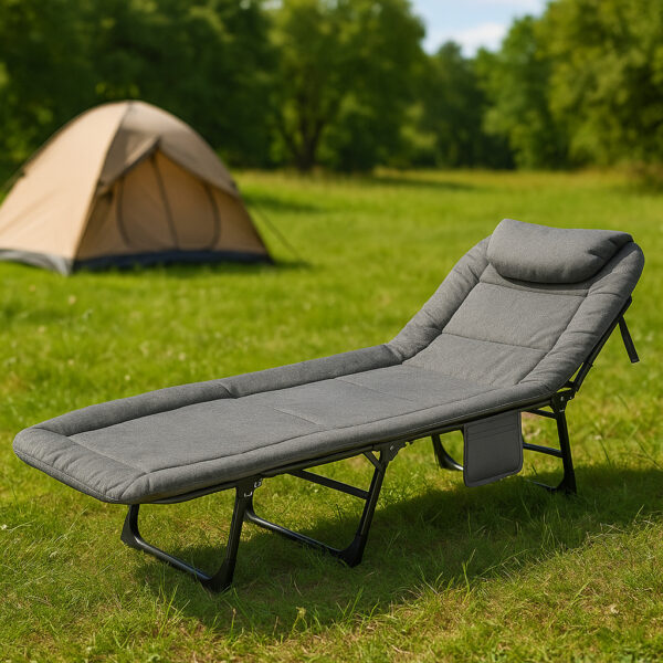 Pat pliabil camping Deluxe Trip cu spatar reglabil tip sezlong, 200x65x29 cm, gri - imagine 11
