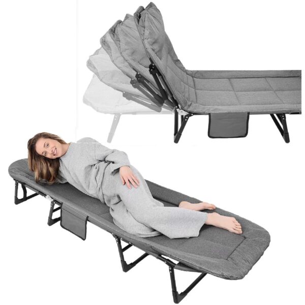 Pat pliabil camping Deluxe Trip cu spatar reglabil tip sezlong, 200x65x29 cm, gri - imagine 7