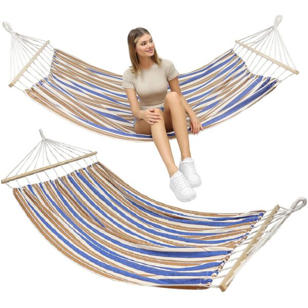 Hamac dublu cu bare din lemn, pentru 2 persoane, bumbac, 150kg, 200x150 cm, albastru si maro - imagine 10