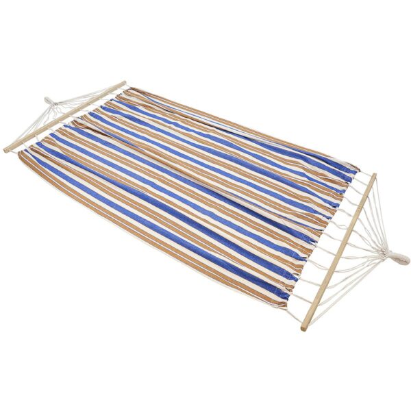 Hamac dublu cu bare din lemn, pentru 2 persoane, bumbac, 150kg, 200x150 cm, albastru si maro - imagine 2