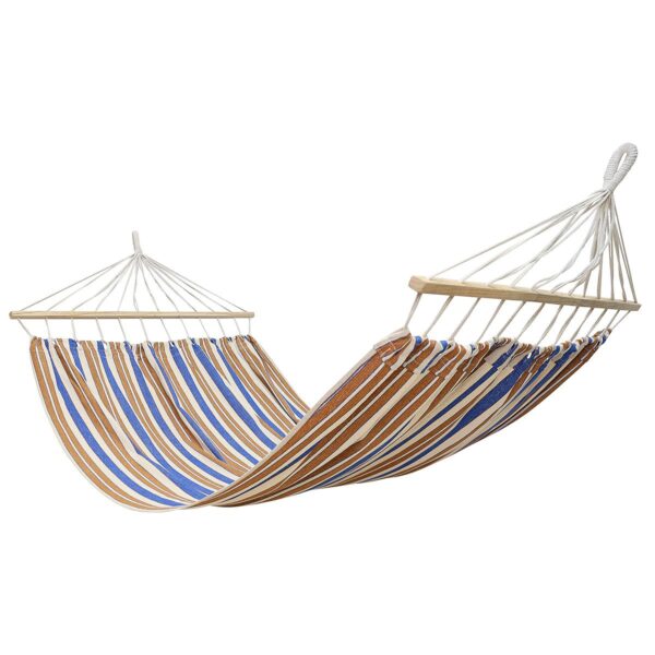 Hamac dublu cu bare din lemn, pentru 2 persoane, bumbac, 150kg, 200x150 cm, albastru si maro - imagine 3