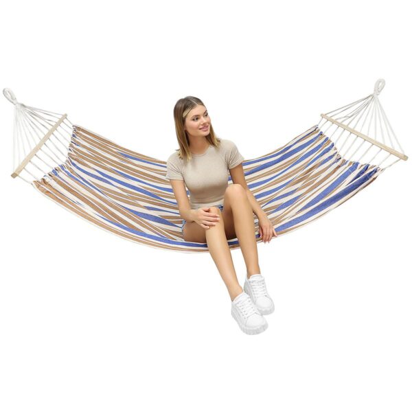 Hamac dublu cu bare din lemn, pentru 2 persoane, bumbac, 150kg, 200x150 cm, albastru si maro - imagine 4