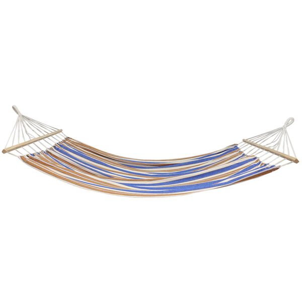Hamac dublu cu bare din lemn, pentru 2 persoane, bumbac, 150kg, 200x150 cm, albastru si maro - imagine 5
