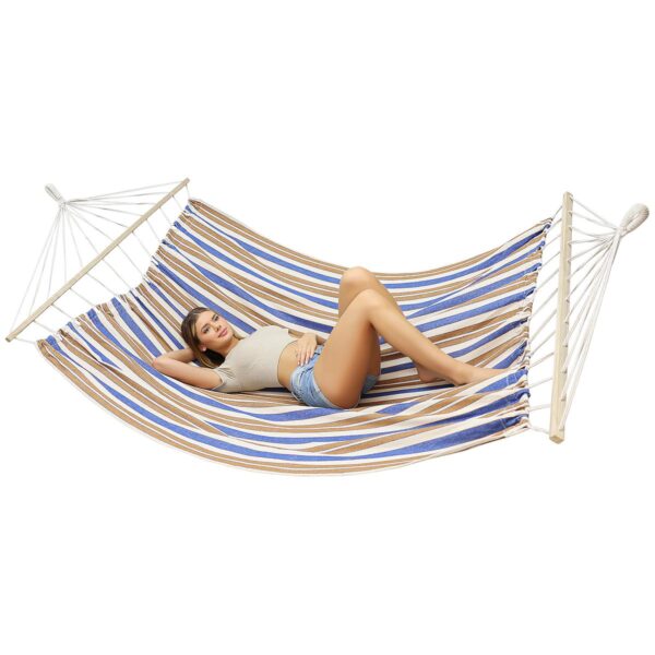 Hamac dublu cu bare din lemn, pentru 2 persoane, bumbac, 150kg, 200x150 cm, albastru si maro - imagine 6