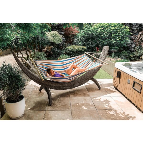 Hamac dublu cu bare din lemn, pentru 2 persoane, bumbac, 150kg, 200x150 cm, albastru si maro - imagine 9