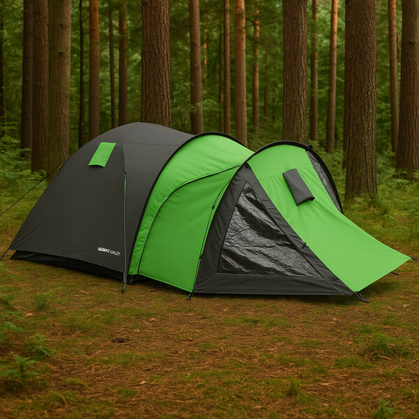 Cort camping 4 persoane cu antreu, impermeabil 3000 mm, 450x210x150 cm, negru si verde - imagine 10