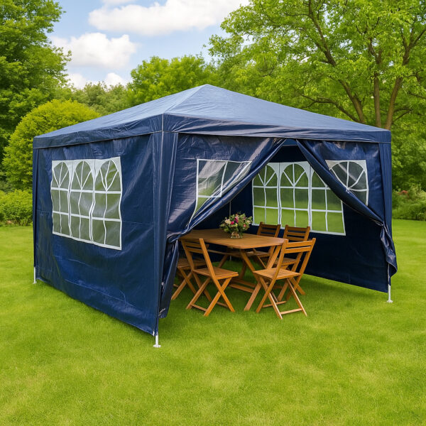 Pavilion gradina cu 4 pereti si ferestre, structura metalica, 300x400x250 cm, albastru - imagine 2