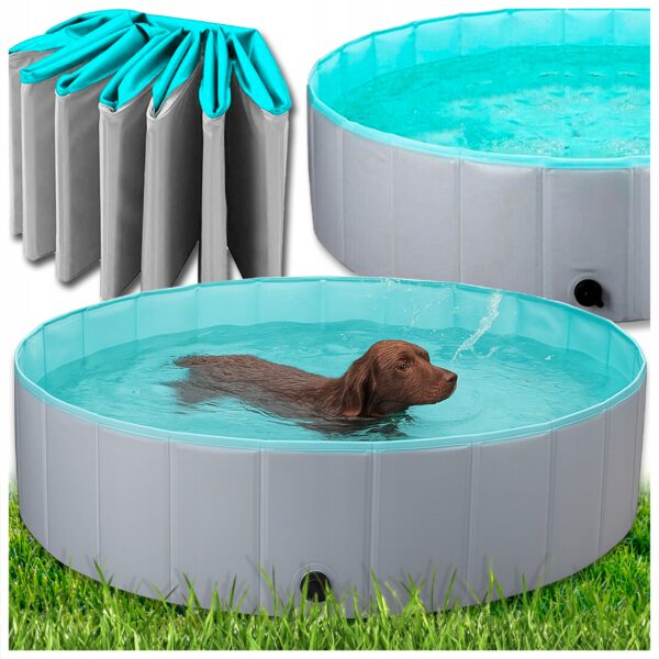 Piscina pliabila pentru caini si copii, pliere rapida, valva de scurgere, 160x30 cm, albastru - imagine 6