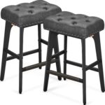 VASAGLE Set 2 scaune bar cu tapiterie piele ecologica, picioare din lemn, 44x32x66 cm, negru