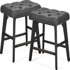 VASAGLE Set 2 scaune bar cu tapiterie piele ecologica, picioare din lemn, 44x32x66 cm, negru