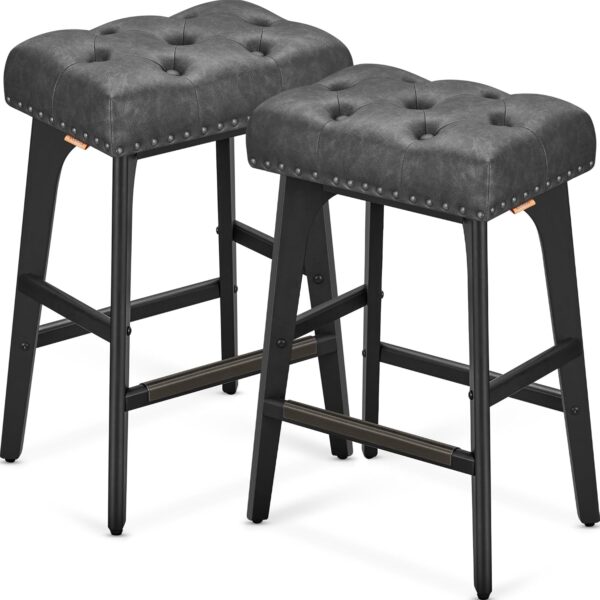 VASAGLE Set 2 scaune bar cu tapiterie piele ecologica, picioare din lemn, 44x32x66 cm, negru