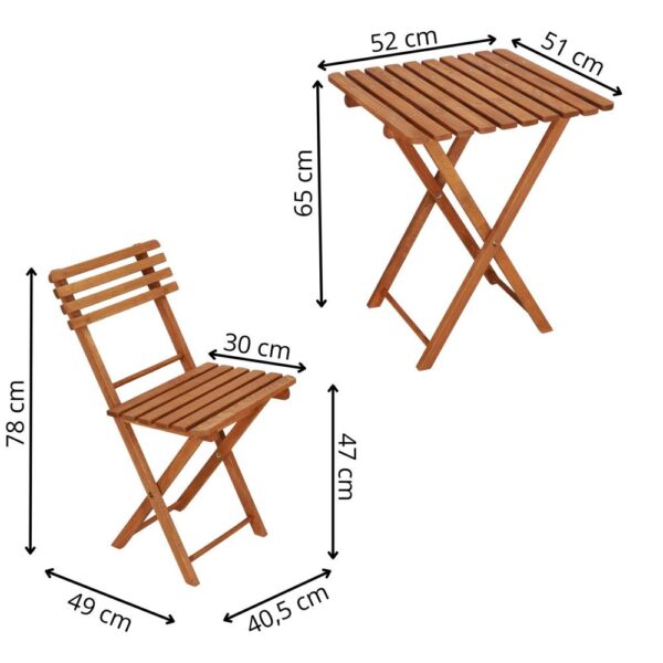 Set mobilier balcon sau terasa din lemn de fag, pliabil, masa 52x51x65 cm si 2 scaune, maro - imagine 29