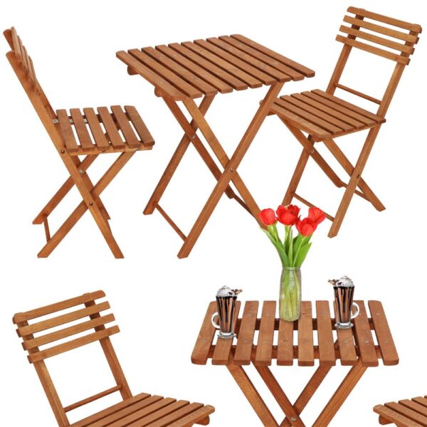 Set mobilier balcon sau terasa din lemn de fag, pliabil, masa 52x51x65 cm si 2 scaune, maro - imagine 4