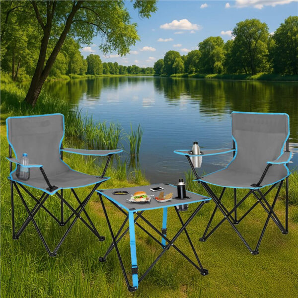 Set masa pliabila cu 2 scaune, structura metalica, husa transport, 47x47x45 cm, gri - imagine 2