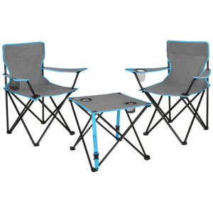 Set masa pliabila cu 2 scaune, structura metalica, husa transport, 47x47x45 cm, gri