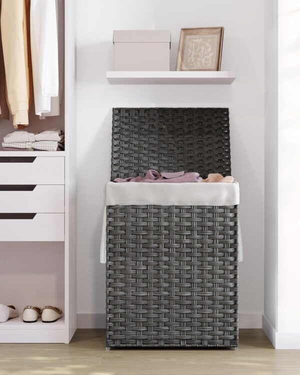 SONGMICS Cos rufe cu capac, ratan sintetic si sac detasabil, 90 L, 46x33x60 cm, gri - imagine 2