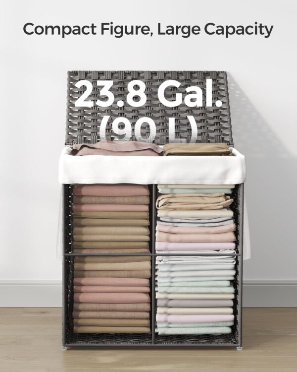 SONGMICS Cos rufe cu capac, ratan sintetic si sac detasabil, 90 L, 46x33x60 cm, gri - imagine 3