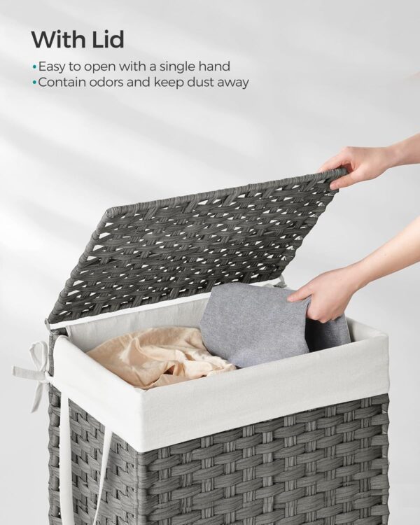 SONGMICS Cos rufe cu capac, ratan sintetic si sac detasabil, 90 L, 46x33x60 cm, gri - imagine 4