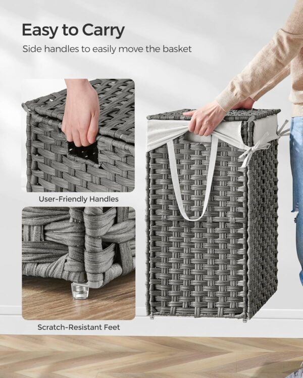 SONGMICS Cos rufe cu capac, ratan sintetic si sac detasabil, 90 L, 46x33x60 cm, gri - imagine 5
