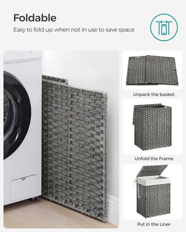 SONGMICS Cos rufe cu capac, ratan sintetic si sac detasabil, 90 L, 46x33x60 cm, gri - imagine 6
