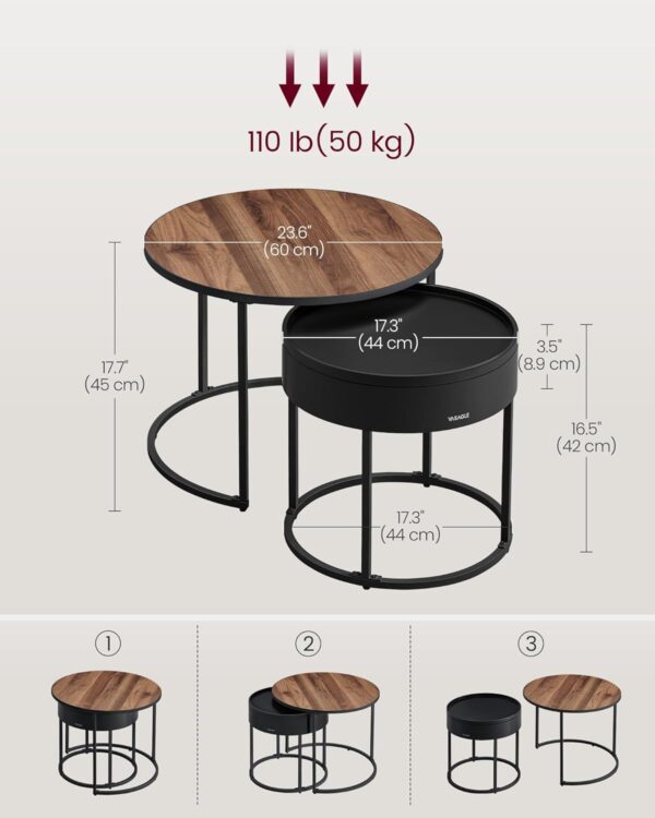 VASAGLE Set 2 masute cafea, cu blat detasabil si spatiu de depozitare ascuns, 45x45x42 cm, culoare nuc - imagine 2