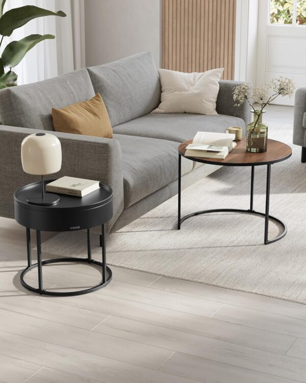 VASAGLE Set 2 masute cafea, cu blat detasabil si spatiu de depozitare ascuns, 45x45x42 cm, culoare nuc - imagine 4