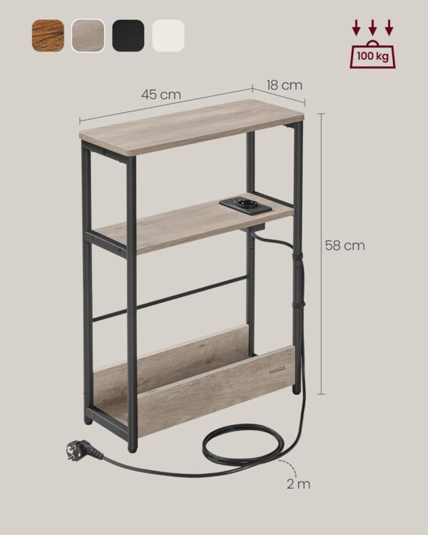 VASAGLE Masuta ingusta cu priza si porturi de incarcare USB, 3 rafturi, 45x18x58 cm, gri - imagine 2