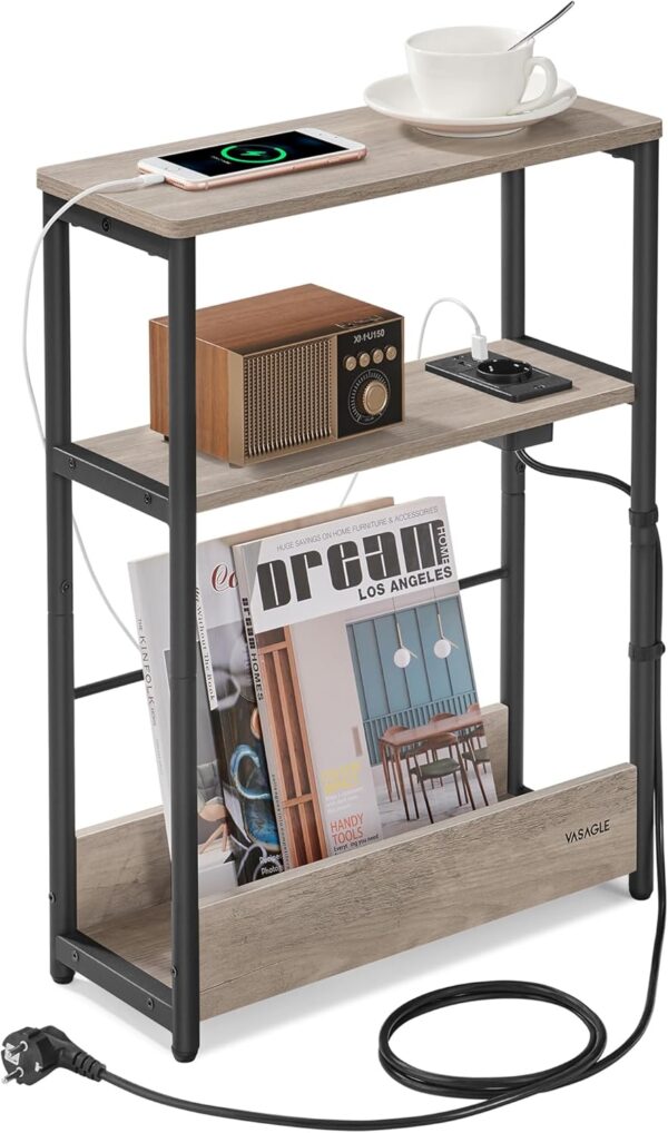 VASAGLE Masuta ingusta cu priza si porturi de incarcare USB, 3 rafturi, 45x18x58 cm, gri - imagine 4