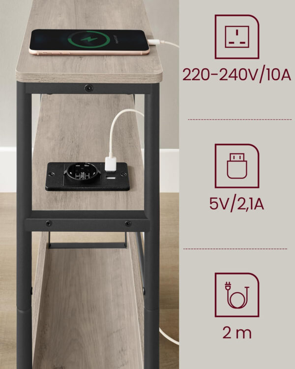 VASAGLE Masuta ingusta cu priza si porturi de incarcare USB, 3 rafturi, 45x18x58 cm, gri - imagine 7