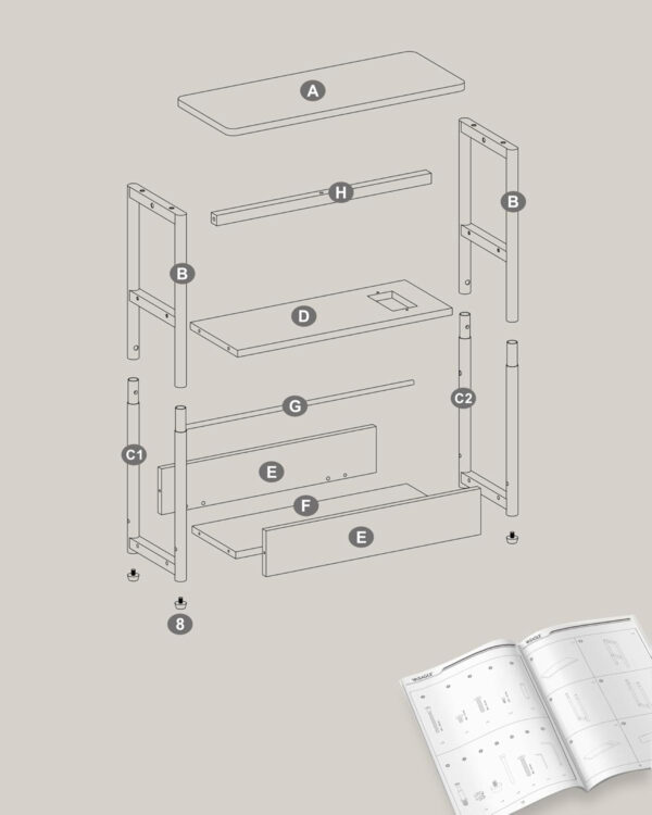 VASAGLE Masuta ingusta cu priza si porturi de incarcare USB, 3 rafturi, 45x18x58 cm, gri - imagine 8