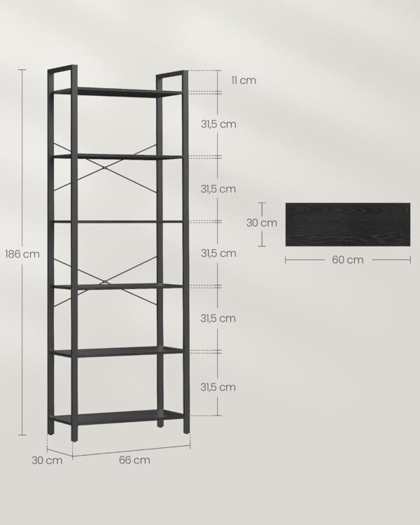 VASAGLE Biblioteca 6 niveluri, cu cadru metalic si rafturi PAL, 66x30x186 cm, negru - imagine 2