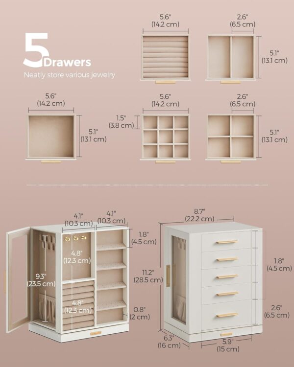 SONGMICS Cutie bijuterii rotativa 360°, cu 5 sertare si ferestre, MDF si catifea, 22x16x29 cm, alb - imagine 5