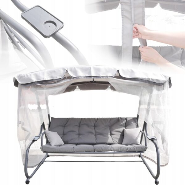 Balansoar leagan pat, 3 persoane, cu plasa tantari si perne, 350 kg, 220x130x175 cm, gri - imagine 6