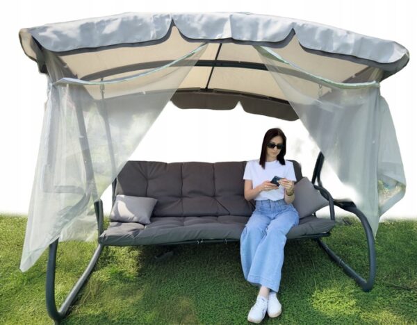 Balansoar leagan pat, 3 persoane, cu plasa tantari si perne, 350 kg, 220x130x175 cm, gri - imagine 8