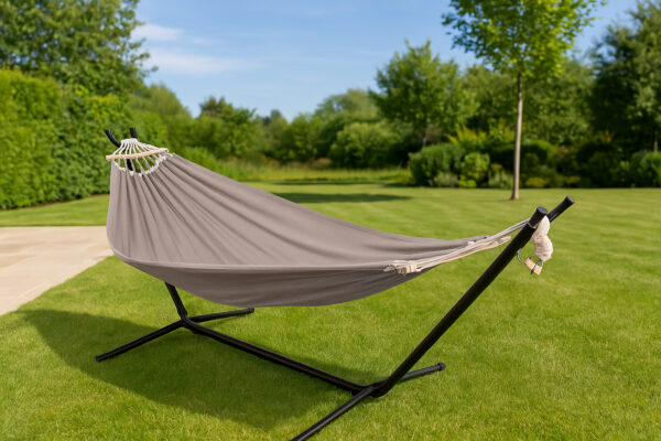 Hamac cu suport metalic, material textil 210x153 cm, cadru 247x133x104 cm, negru si gri - imagine 9