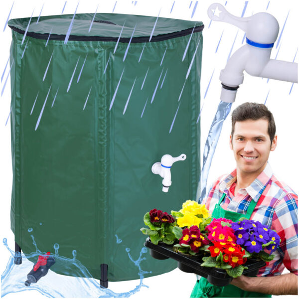 Rezervor pliabil pentru apa pluviala cu robinet, capac si structura PVC, 200 litri, 70x55x55 cm, verde - imagine 2