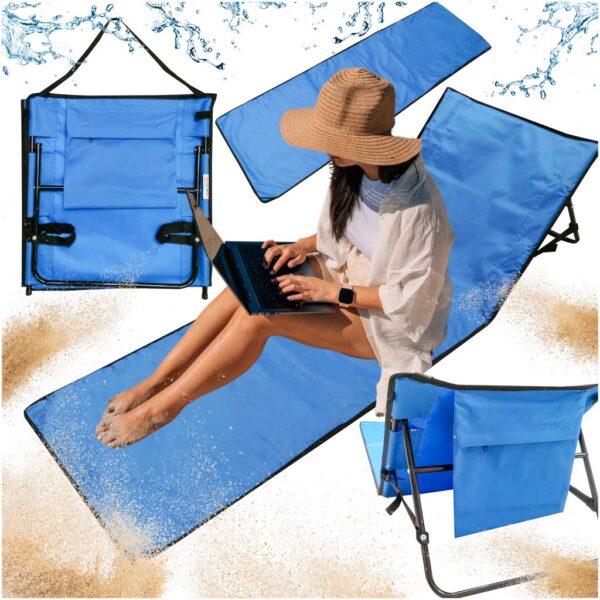Sezlong pliabil cu spatar pentru plaja, material impermeabil, 150x47 cm, albastru inchis - imagine 7