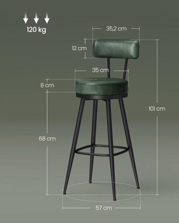 VASAGLE set 2 scaune de bar rotative 360°, cu spatar, inaltime 101 cm, piele sintetica, cadru otel, stil modern, verde - imagine 2