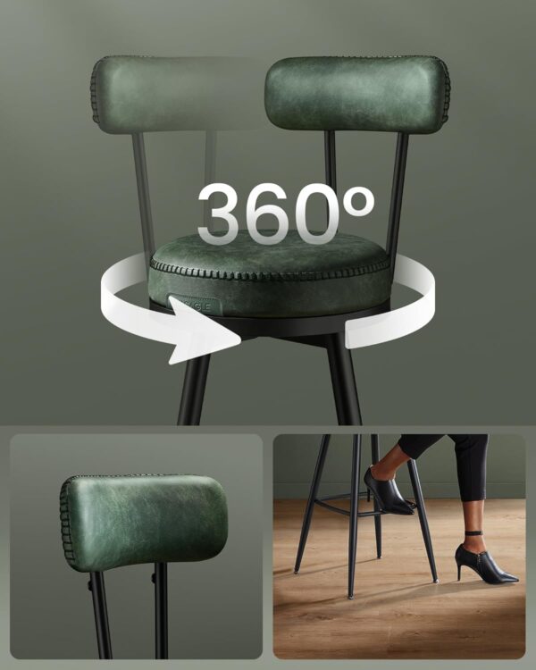 VASAGLE set 2 scaune de bar rotative 360°, cu spatar, inaltime 101 cm, piele sintetica, cadru otel, stil modern, verde - imagine 3