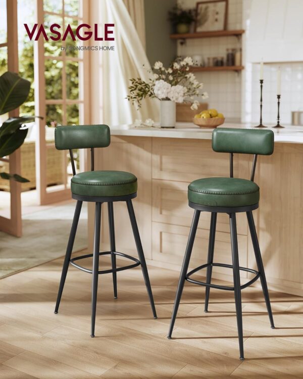VASAGLE set 2 scaune de bar rotative 360°, cu spatar, inaltime 101 cm, piele sintetica, cadru otel, stil modern, verde - imagine 6