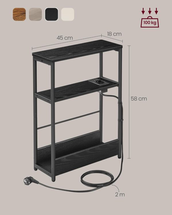 VASAGLE Masuta ingusta cu priza si porturi de incarcare USB, 3 rafturi, 45x18x58 cm, negru - imagine 2