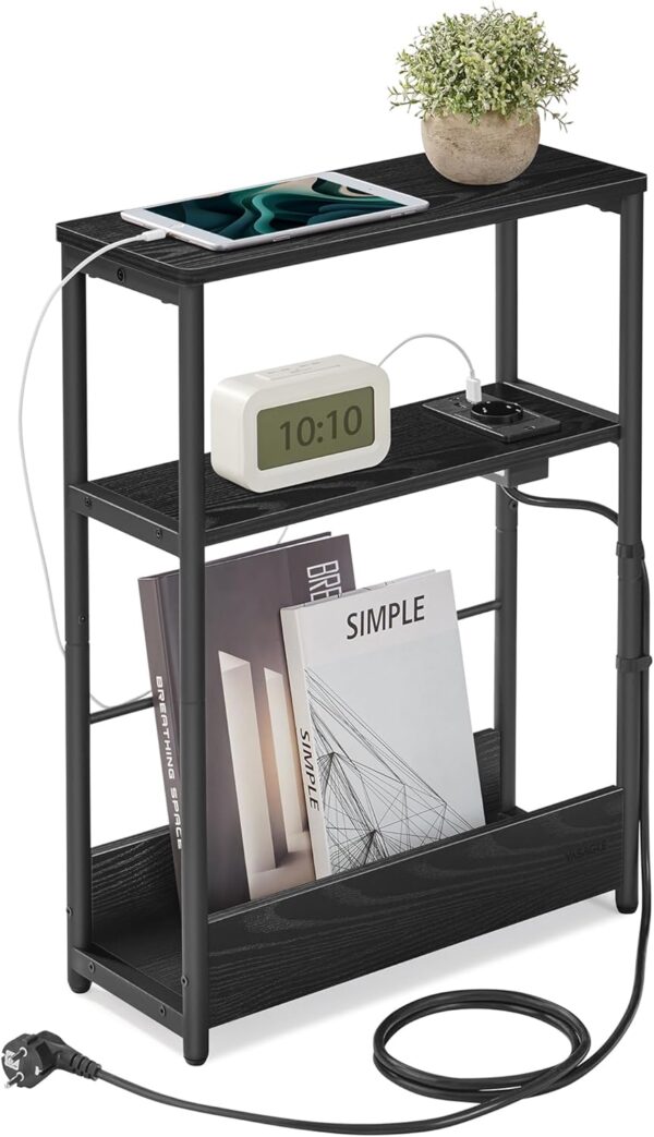 VASAGLE Masuta ingusta cu priza si porturi de incarcare USB, 3 rafturi, 45x18x58 cm, negru - imagine 3