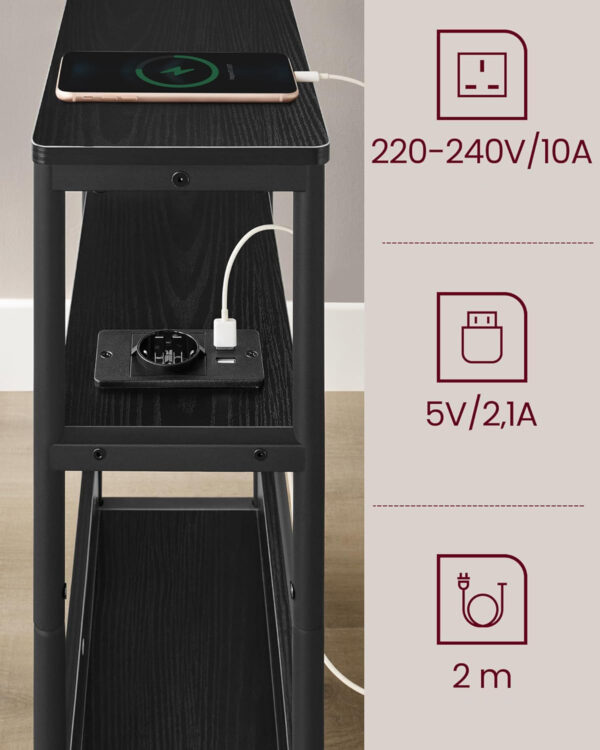 VASAGLE Masuta ingusta cu priza si porturi de incarcare USB, 3 rafturi, 45x18x58 cm, negru - imagine 6