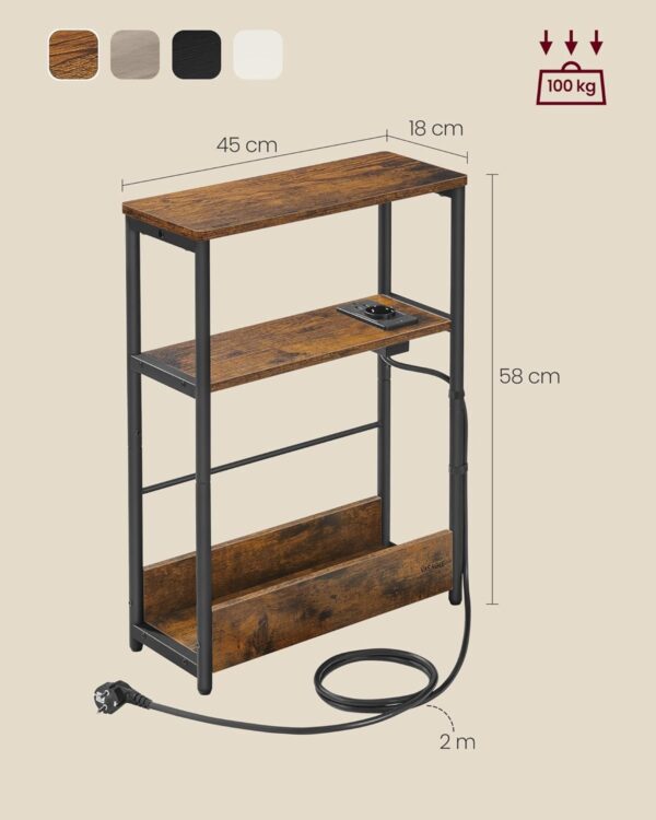VASAGLE Masuta ingusta cu priza si porturi de incarcare USB, 3 rafturi, 45x18x58 cm, maro rustic - imagine 2