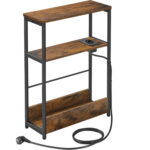 VASAGLE Masuta ingusta cu priza si porturi de incarcare USB, 3 rafturi, 45x18x58 cm, maro rustic