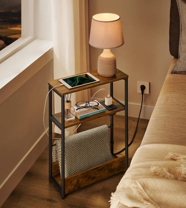 VASAGLE Masuta ingusta cu priza si porturi de incarcare USB, 3 rafturi, 45x18x58 cm, maro rustic - imagine 4