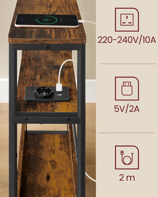 VASAGLE Masuta ingusta cu priza si porturi de incarcare USB, 3 rafturi, 45x18x58 cm, maro rustic - imagine 5