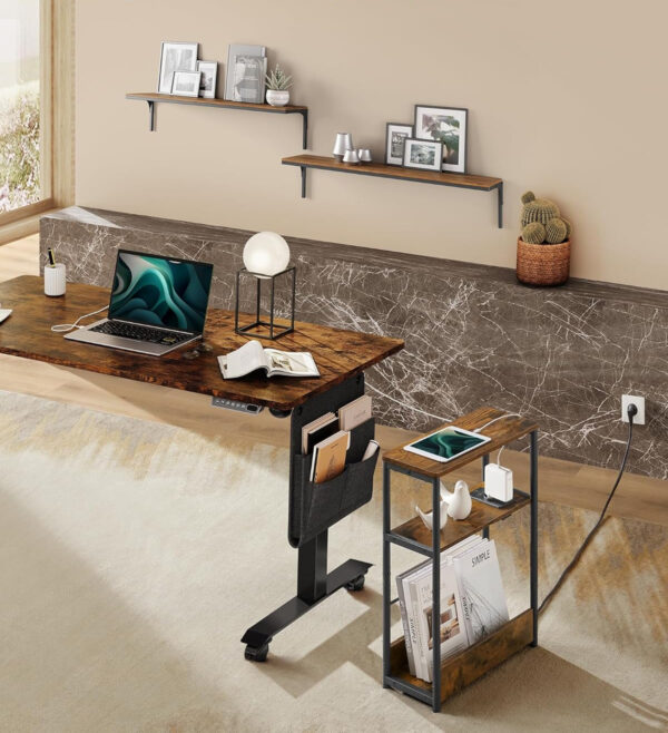 VASAGLE Masuta ingusta cu priza si porturi de incarcare USB, 3 rafturi, 45x18x58 cm, maro rustic - imagine 6